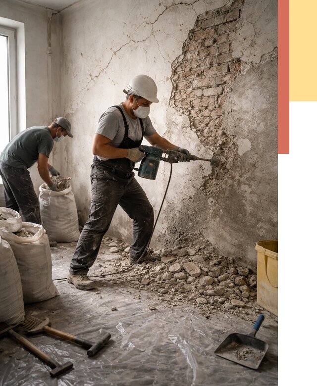 Демонтаж штукатурки со стен в Ханты-Мансийске от 7350 руб/м² — быстро и недорого | ОТДЕЛОЧНИК-Хнт